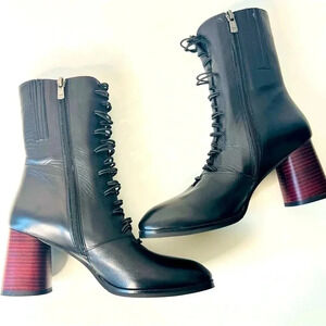 BLACK LEATHER BOOTS ANKLE BOOTS LACE-UP BOOTS BLOCK HEELS SIZE 37